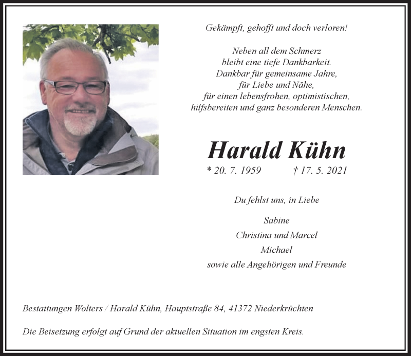  Traueranzeige für Harald Kühn vom 29.05.2021 aus Rheinische Post