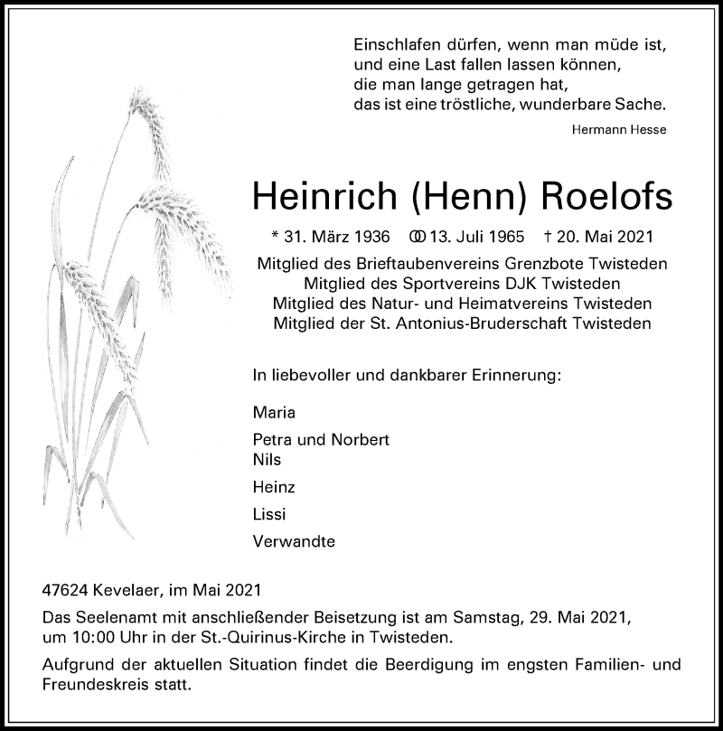  Traueranzeige für Heinrich Roelofs vom 26.05.2021 aus Rheinische Post