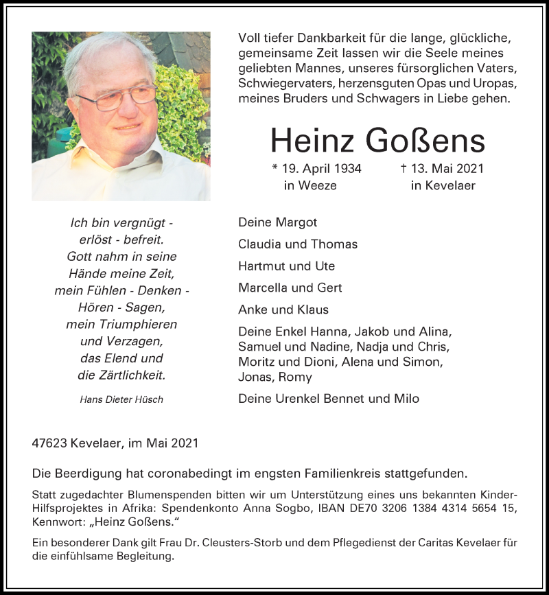  Traueranzeige für Heinz Goßens vom 22.05.2021 aus Rheinische Post