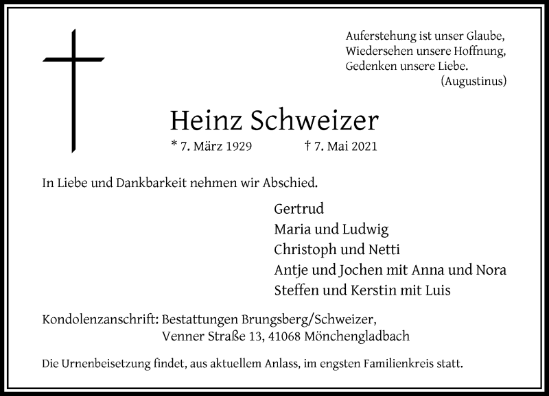  Traueranzeige für Heinz Schweizer vom 15.05.2021 aus Rheinische Post