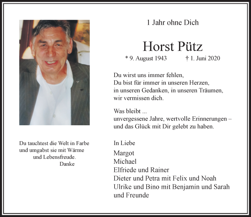  Traueranzeige für Horst Pütz vom 29.05.2021 aus Rheinische Post