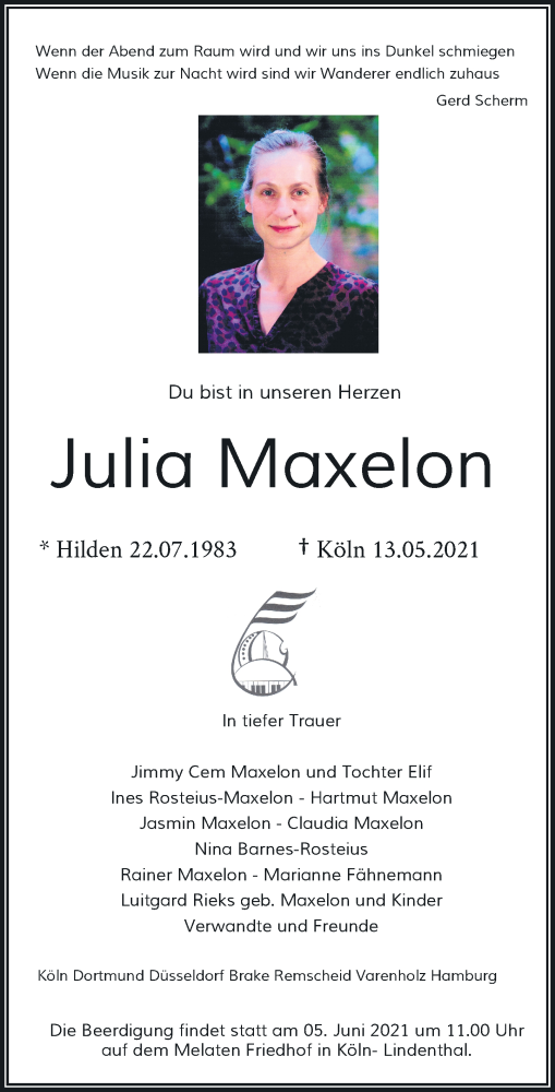  Traueranzeige für Julia Maxelon vom 29.05.2021 aus Rheinische Post