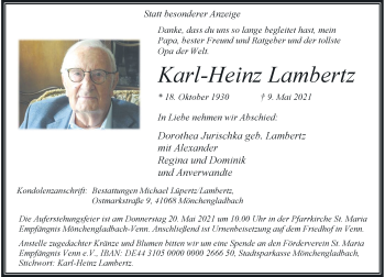 Traueranzeige von Karl-Heinz Lambertz von Rheinische Post
