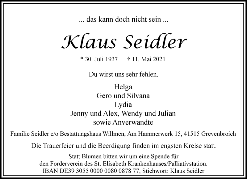  Traueranzeige für Klaus Seidler vom 15.05.2021 aus Rheinische Post