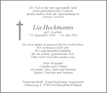 Traueranzeige von Lia Heckmanns von Rheinische Post