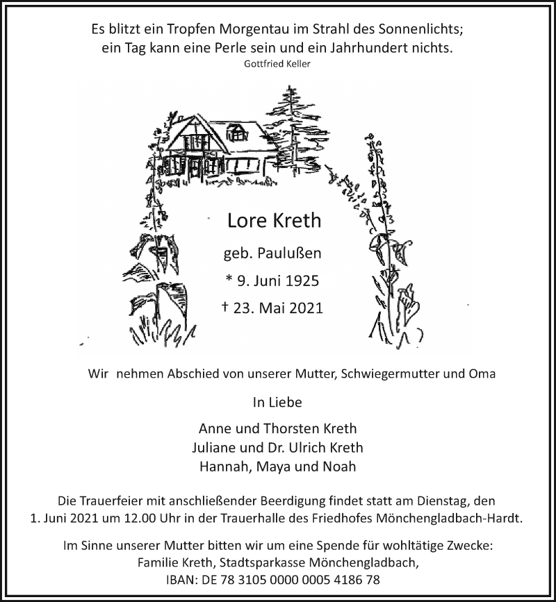  Traueranzeige für Lore Kreth vom 29.05.2021 aus Rheinische Post