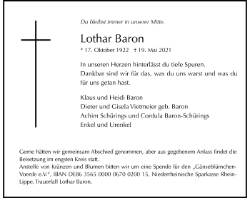 Traueranzeige von Lothar Baron von Rheinische Post