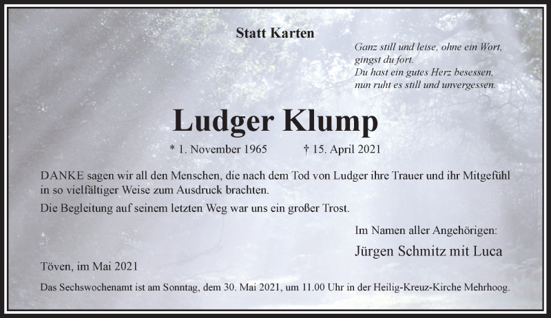  Traueranzeige für Ludger Klump vom 25.05.2021 aus Rheinische Post