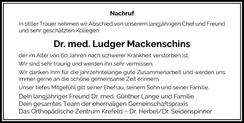  Traueranzeige für Ludger Mackenschins vom 15.05.2021 aus Rheinische Post