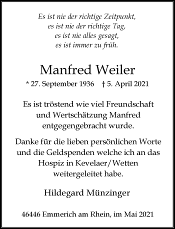 Todesanzeige von Manfred Weiler von Rheinische Post