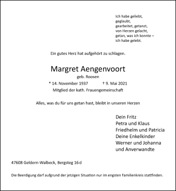 Traueranzeige von Margret Aengenvoort von Rheinische Post