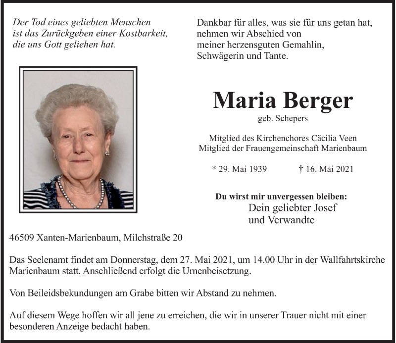  Traueranzeige für Maria Berger vom 19.05.2021 aus Rheinische Post