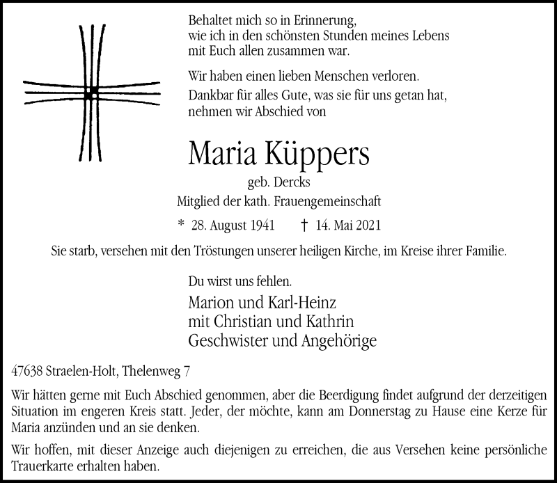  Traueranzeige für Maria Küppers vom 17.05.2021 aus Rheinische Post