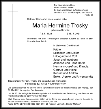 Traueranzeige von Maria Hermine Trosky von Rheinische Post