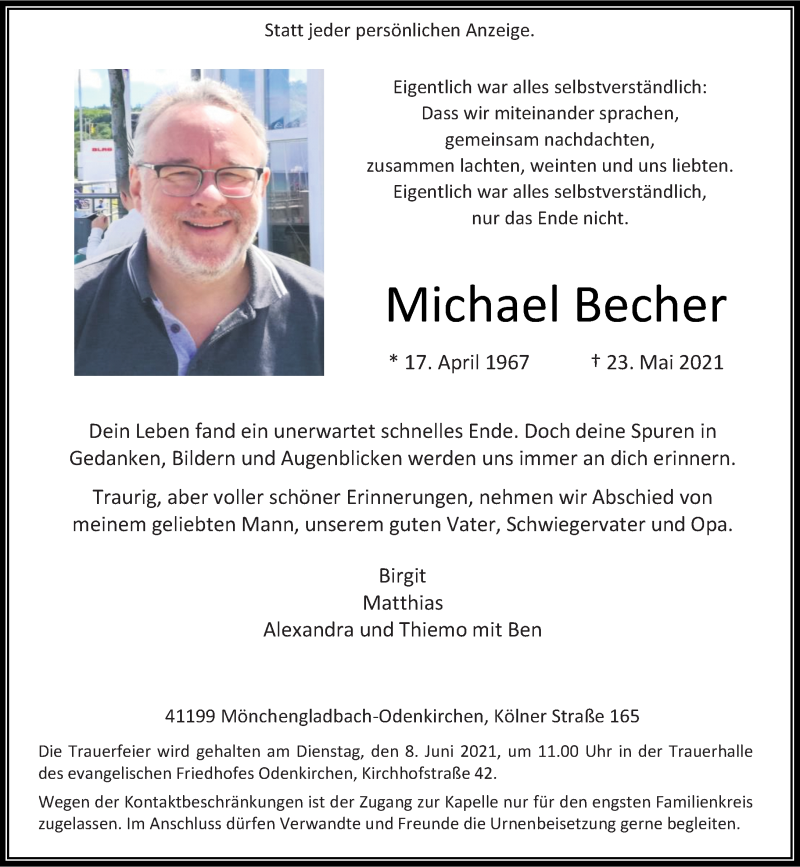  Traueranzeige für Michael Becher vom 29.05.2021 aus Rheinische Post