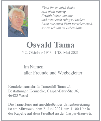 Traueranzeige von Osvald Tama von Rheinische Post