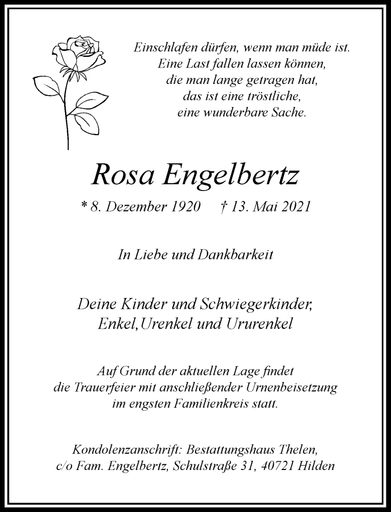  Traueranzeige für Rosa Engelbertz vom 22.05.2021 aus Rheinische Post