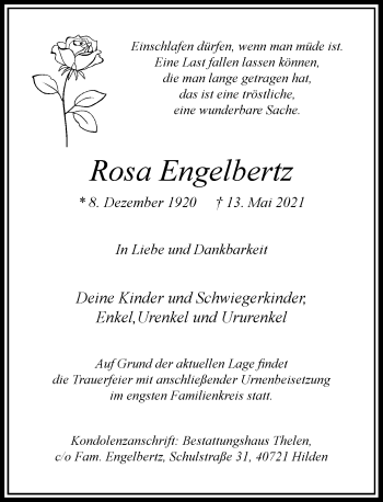 Traueranzeige von Rosa Engelbertz von Rheinische Post