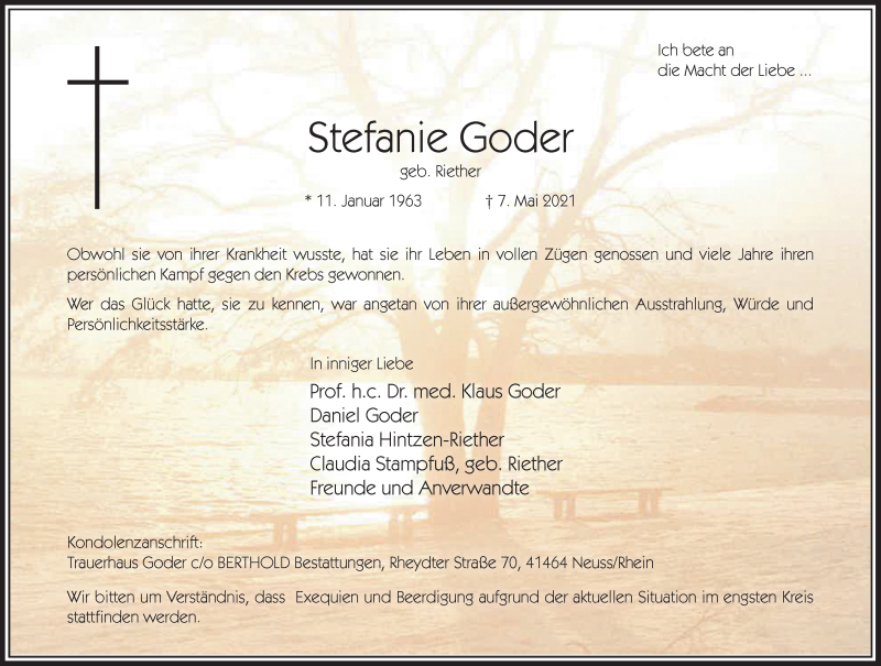  Traueranzeige für Stefanie Goder vom 12.05.2021 aus Rheinische Post