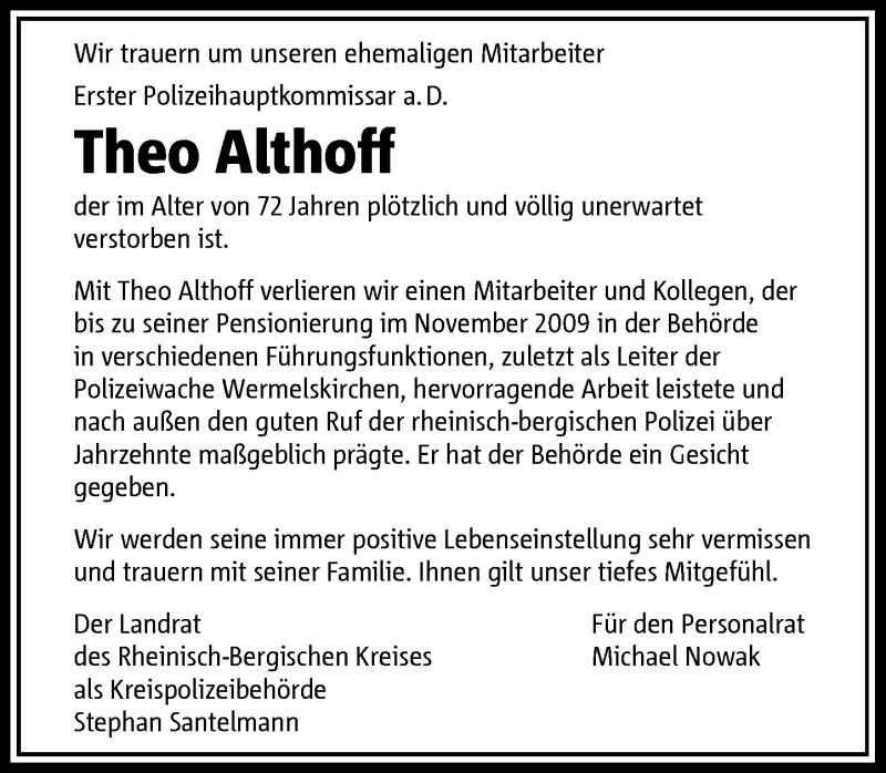  Traueranzeige für Theo Althoff vom 15.05.2021 aus Rheinische Post