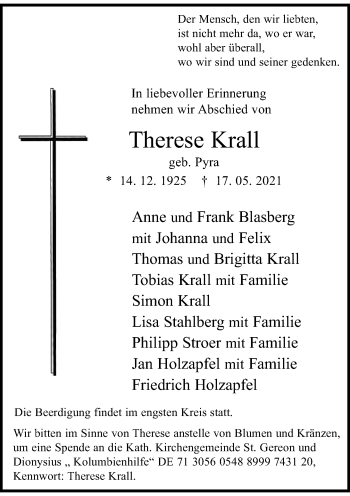 Traueranzeige von Therese Krall von Rheinische Post