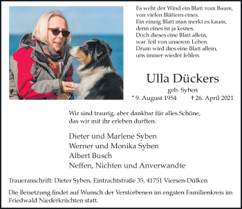 Traueranzeige von Ulla Dückers von Rheinische Post