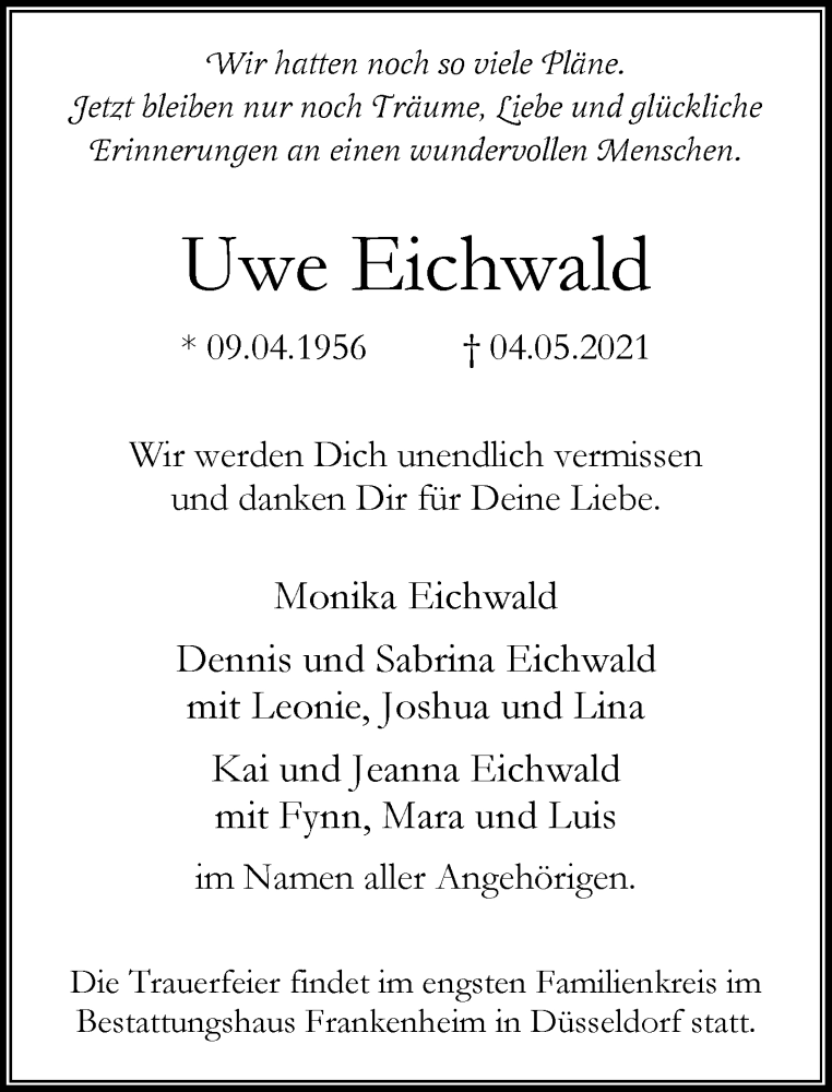  Traueranzeige für Uwe Eichwald vom 15.05.2021 aus Rheinische Post