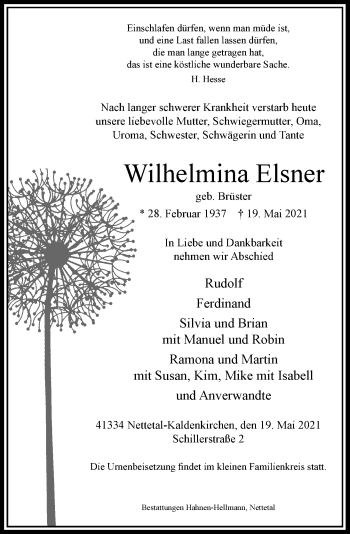 Traueranzeige von Wilhelmina Elsner von Rheinische Post