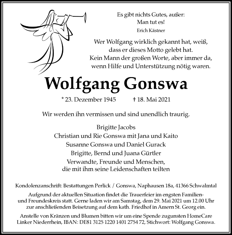  Traueranzeige für Wolfgang Gonswa vom 22.05.2021 aus Rheinische Post