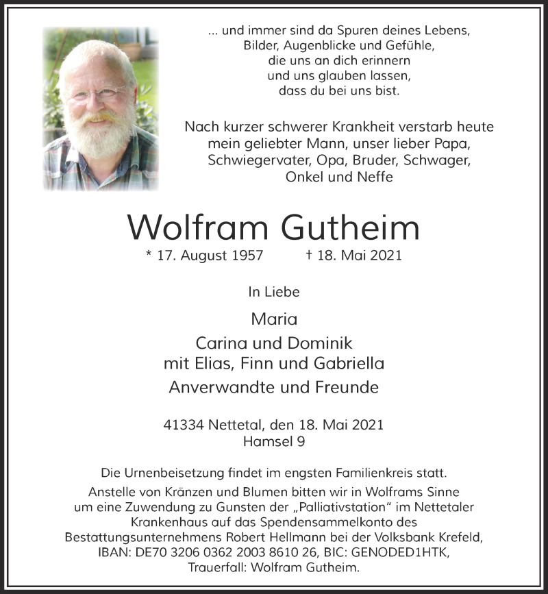  Traueranzeige für Wolfram Gutheim vom 22.05.2021 aus Rheinische Post