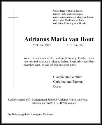 Traueranzeige von Adrianus Maria van Hout von Rheinische Post