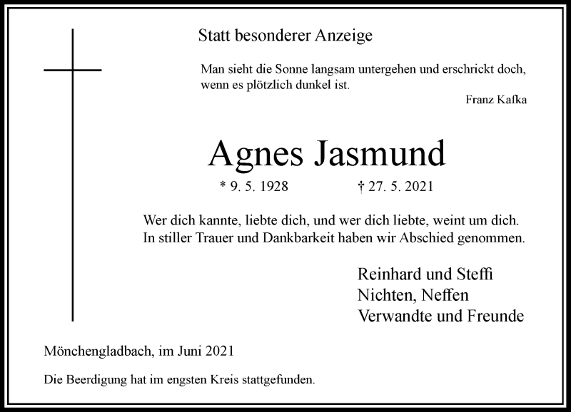  Traueranzeige für Agnes Jasmund vom 26.06.2021 aus Rheinische Post