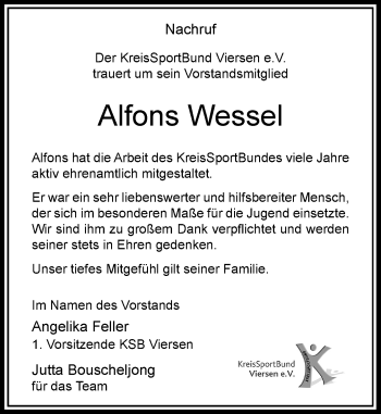 Traueranzeige von Alfons Wessel von Rheinische Post