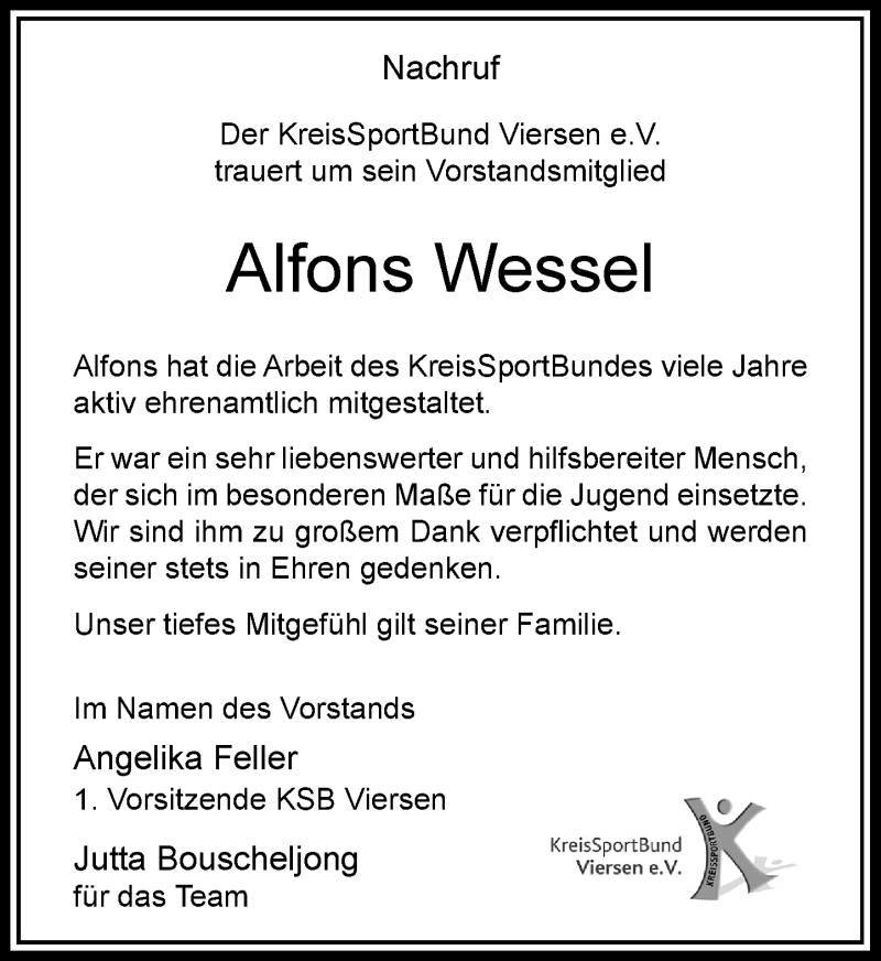  Traueranzeige für Alfons Wessel vom 12.06.2021 aus Rheinische Post