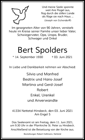 Traueranzeige von Bert Spolders von Rheinische Post