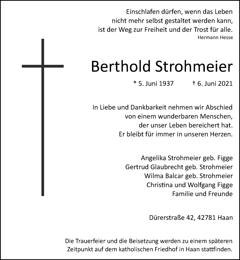  Traueranzeige für Berthold Strohmeier vom 12.06.2021 aus Rheinische Post