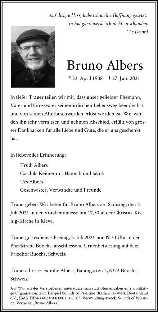  Traueranzeige für Bruno Albers vom 29.06.2021 aus Rheinische Post