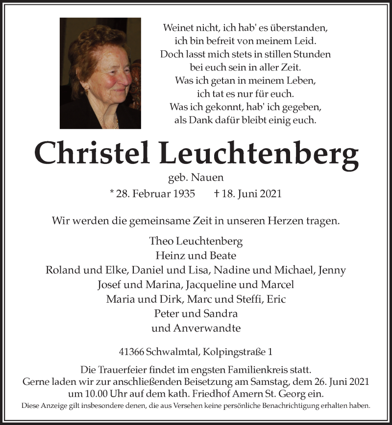  Traueranzeige für Christel Leuchtenberg vom 23.06.2021 aus Rheinische Post
