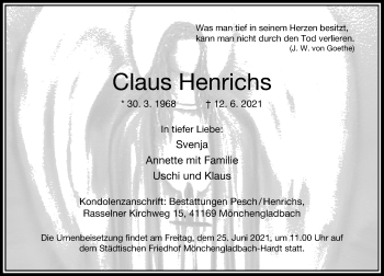 Traueranzeige von Claus Henrichs von Rheinische Post