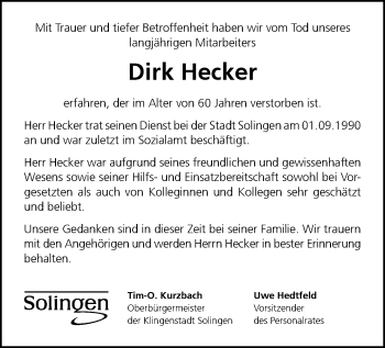 Traueranzeige von Dirk Hecker von Rheinische Post
