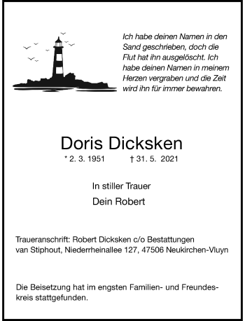 Traueranzeige von Doris Dicksken von Rheinische Post
