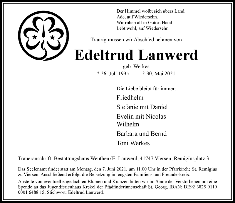  Traueranzeige für Edeltrud Lanwerd vom 05.06.2021 aus Rheinische Post