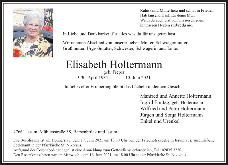  Traueranzeige für Elisabeth Holtermann vom 15.06.2021 aus Rheinische Post