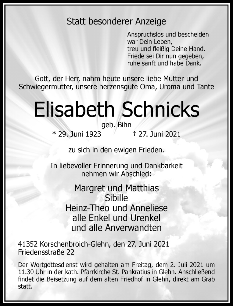  Traueranzeige für Elisabeth Schnicks vom 30.06.2021 aus Rheinische Post