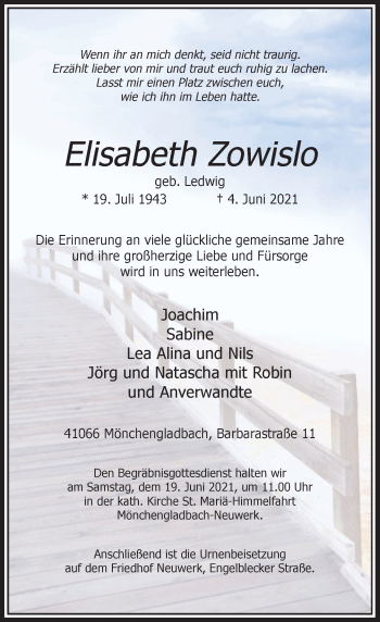 Traueranzeige von Elisabeth Zowislo von Rheinische Post