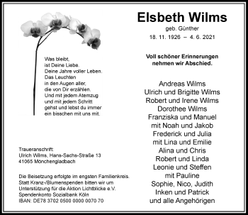 Traueranzeige von Elsbeth Wilms von Rheinische Post