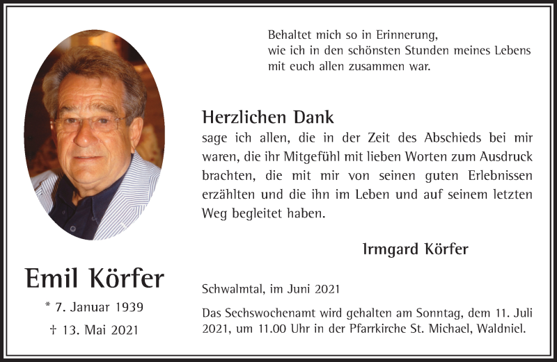  Traueranzeige für Emil Körfer vom 26.06.2021 aus Rheinische Post
