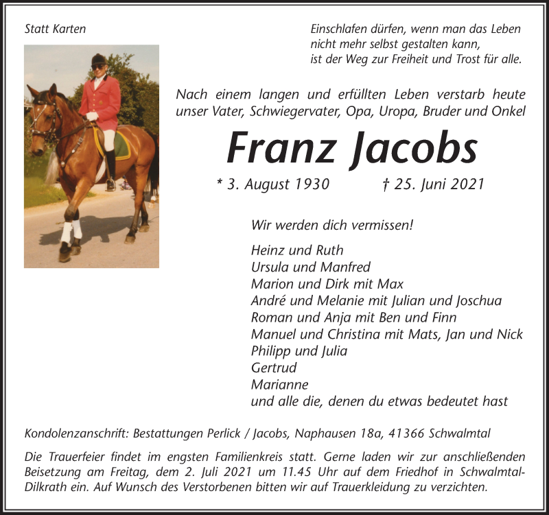  Traueranzeige für Franz Jacobs vom 30.06.2021 aus Rheinische Post