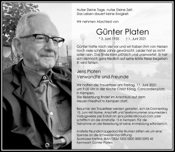 Traueranzeige von Günter Platen von Rheinische Post