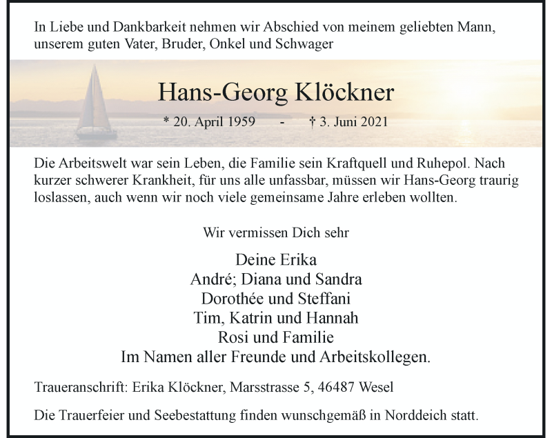  Traueranzeige für Hans-Georg Klöckner vom 12.06.2021 aus Rheinische Post